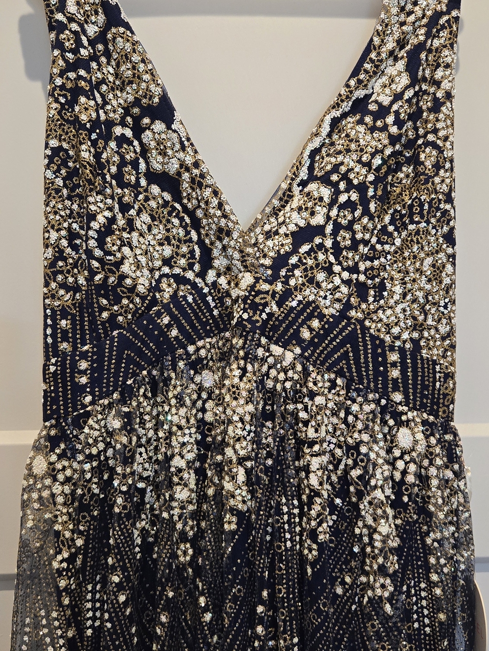 Luxxel Navy and Gold Beaded V-Neck Dress